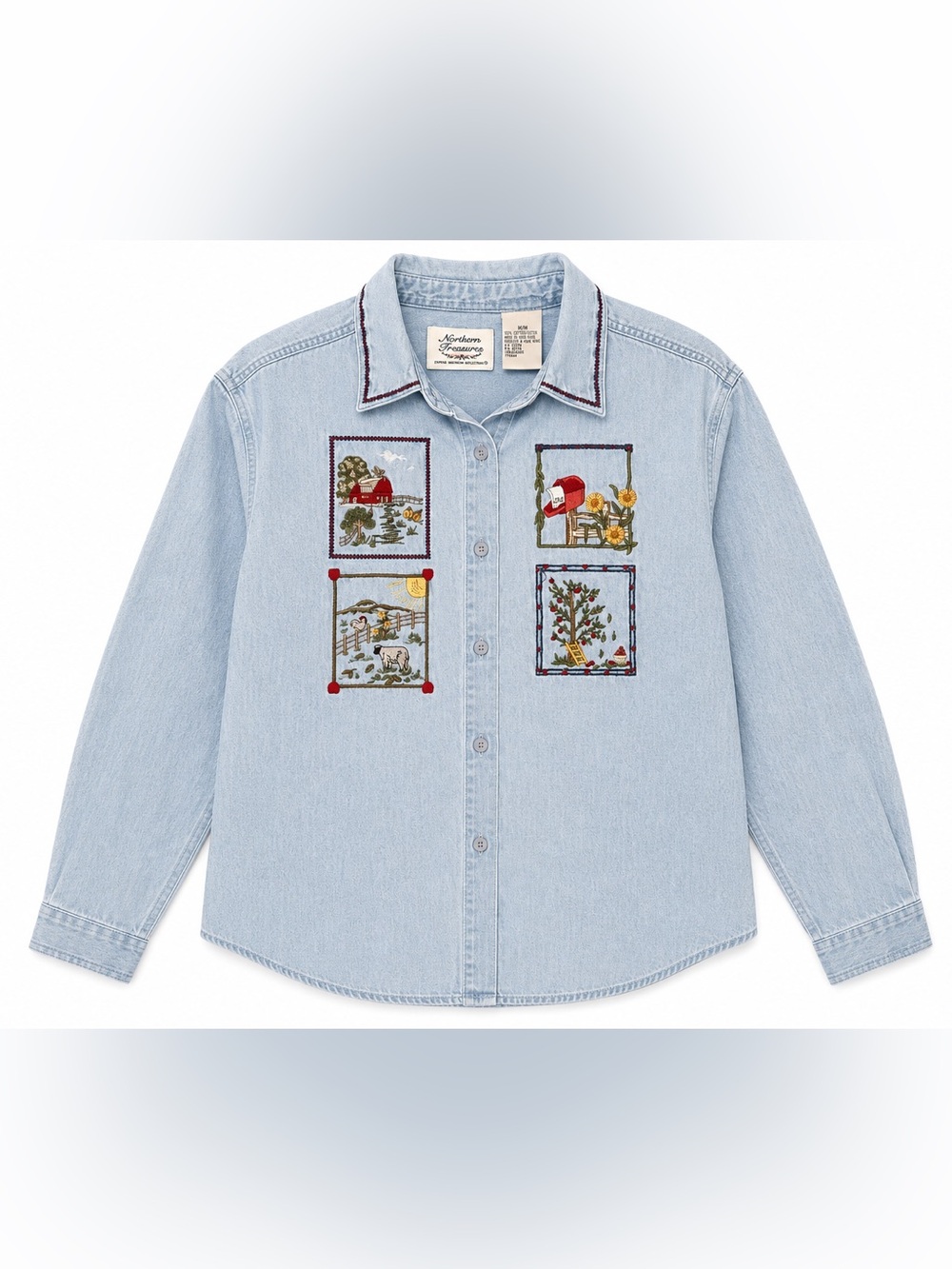 Vintage 90s Denim Button Up Jean Shirt Red barn sunflowers size medium cotton - Picture 2 of 15